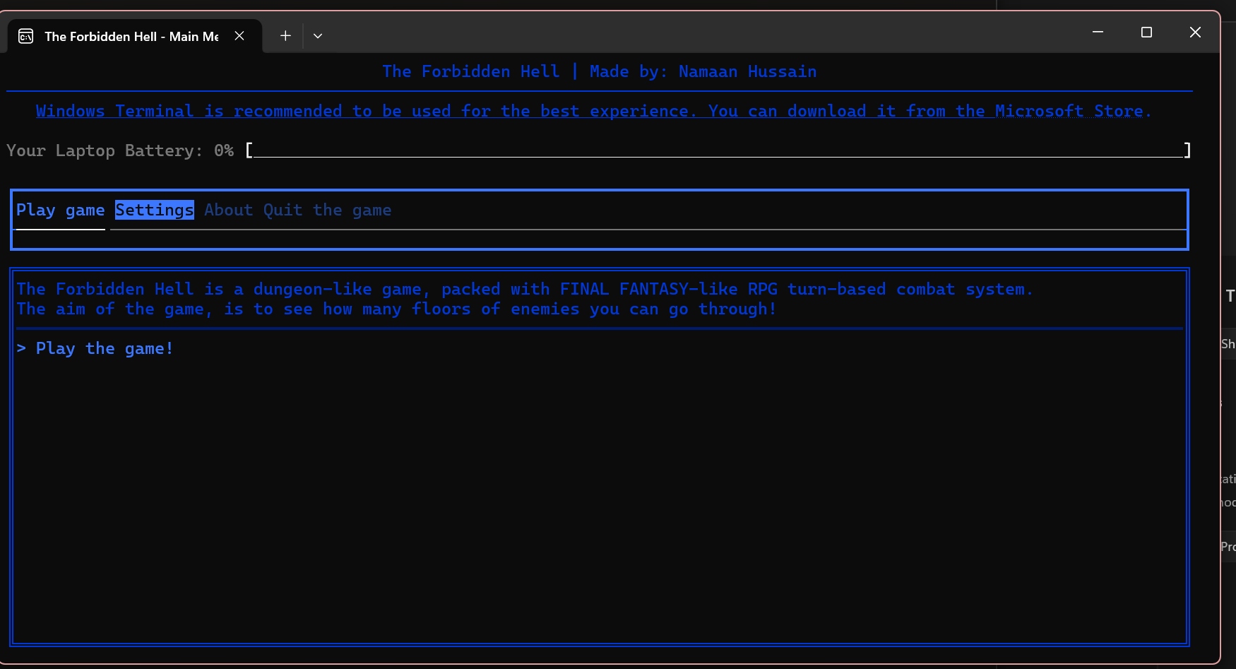 Terminal main menu — blue theme