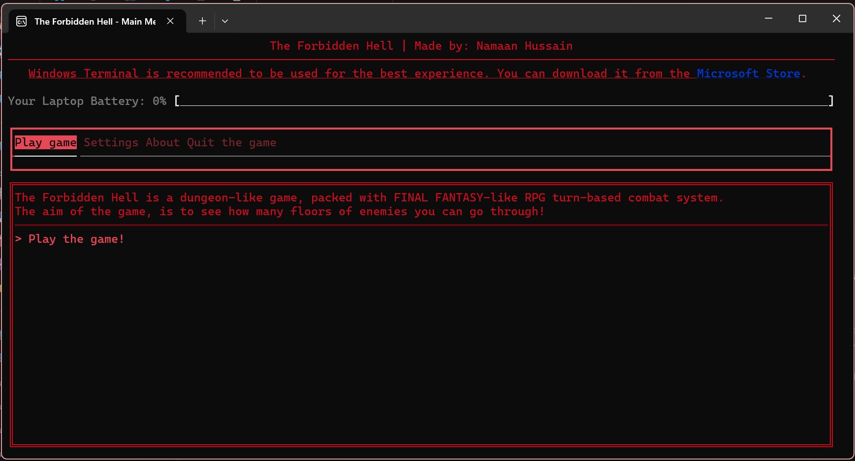 Terminal main menu — red theme
