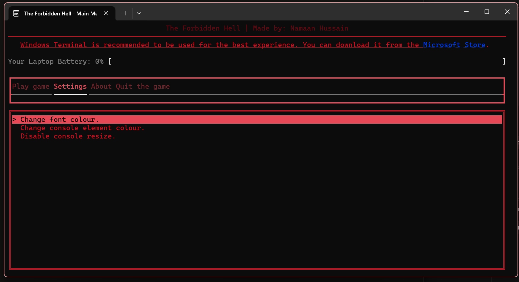 Terminal settings — red theme