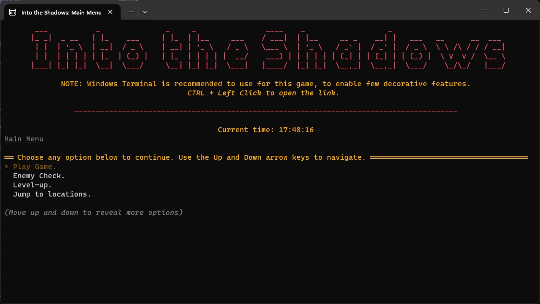 Into the Shadows main menu in Windows Terminal