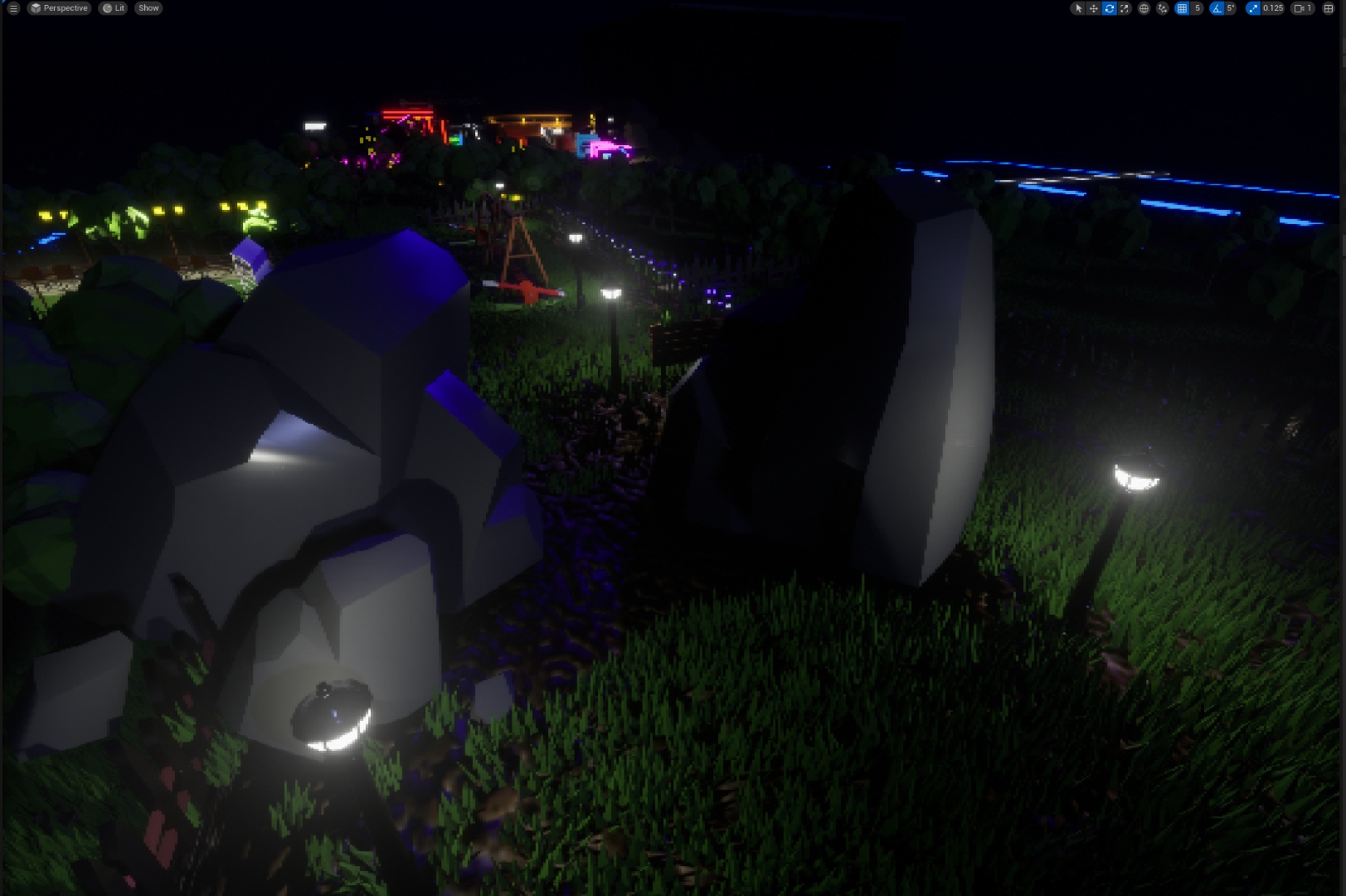 Lamp-lit grassy path