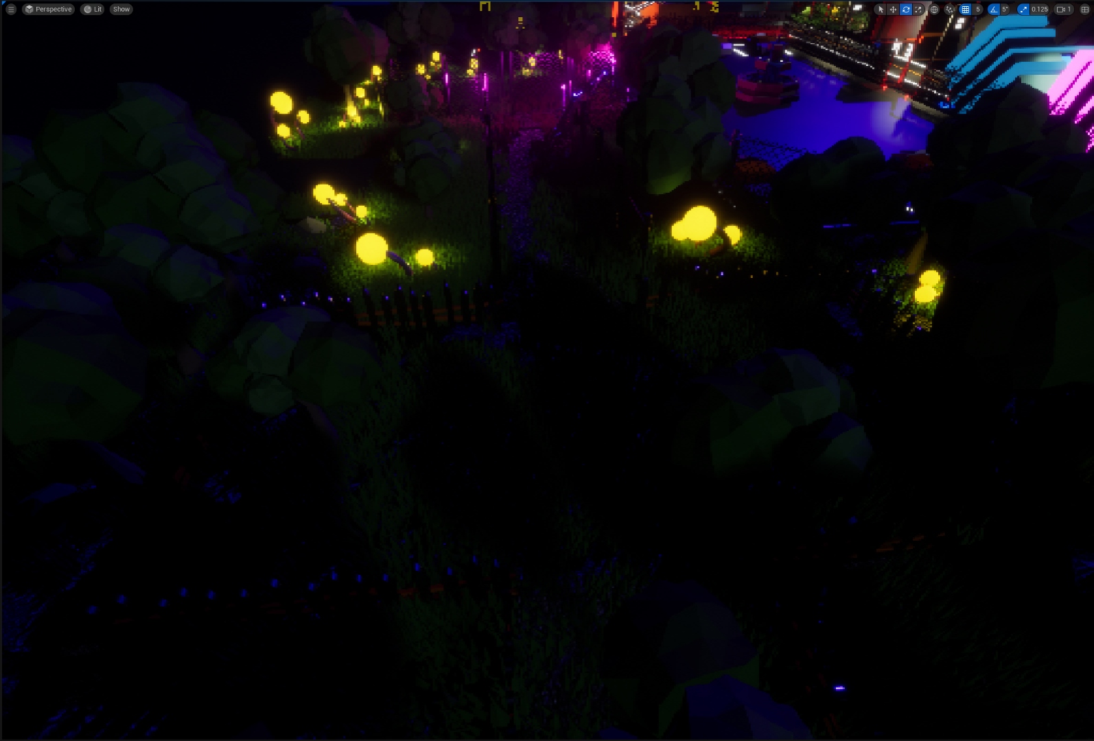Forest path to neon city