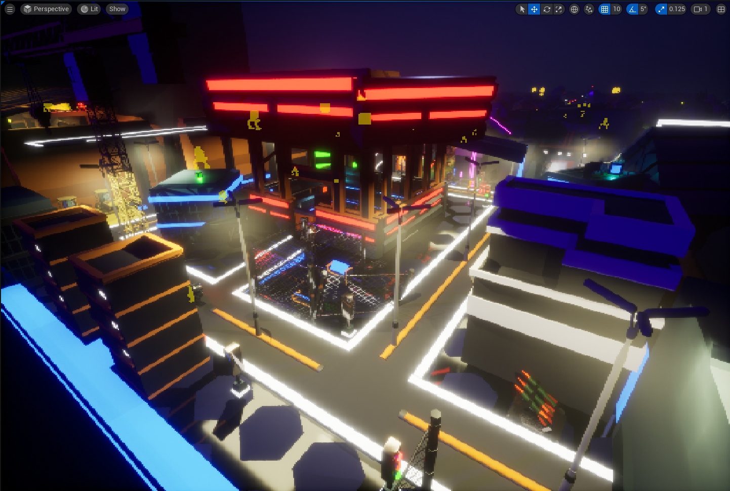 Overhead shot of the neon city district