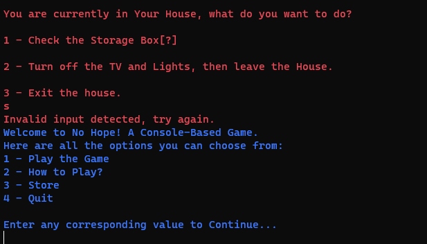 No Hope main menu — red console text on black