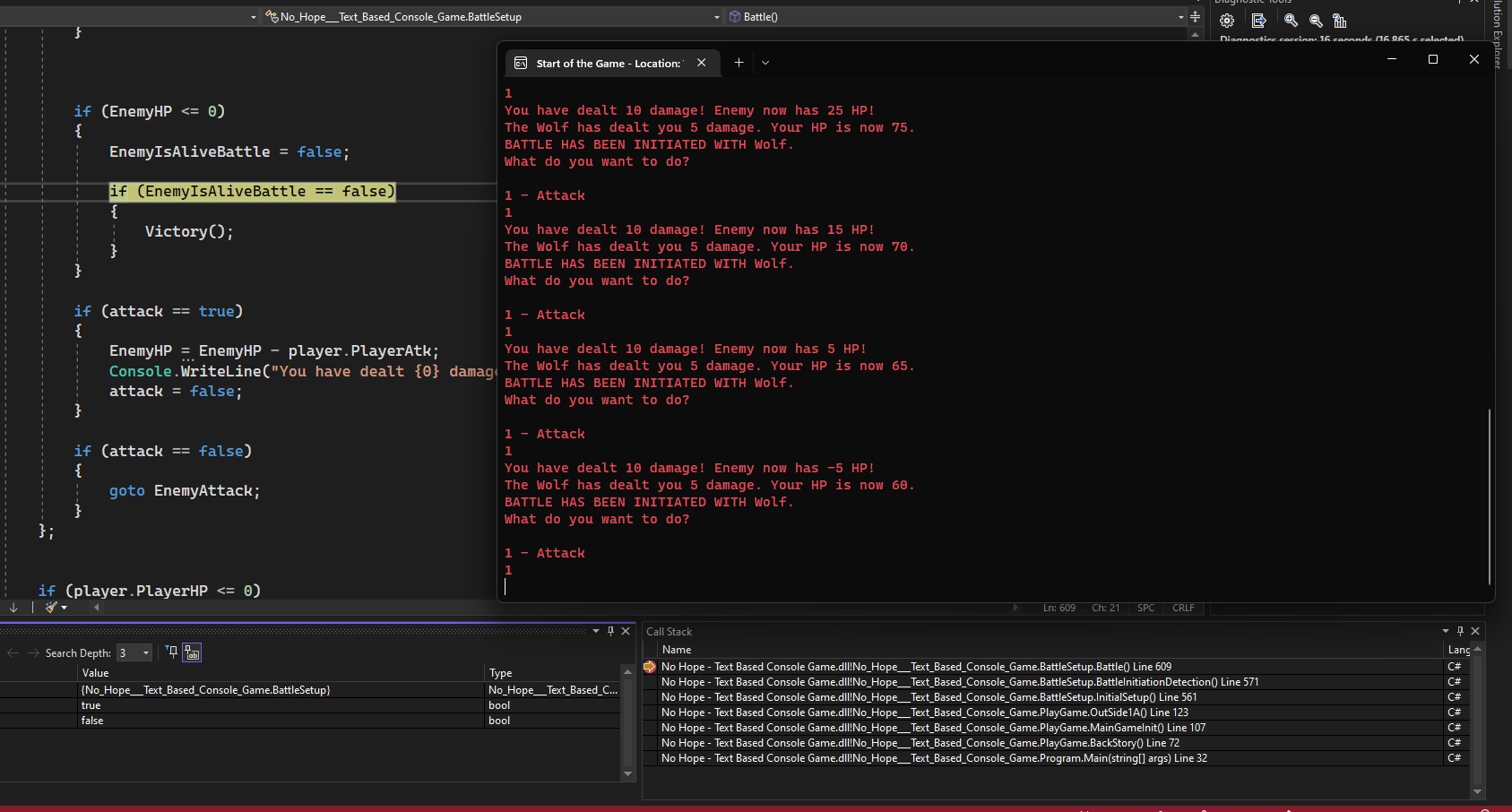 Visual Studio 2022 debugger with live battle console running