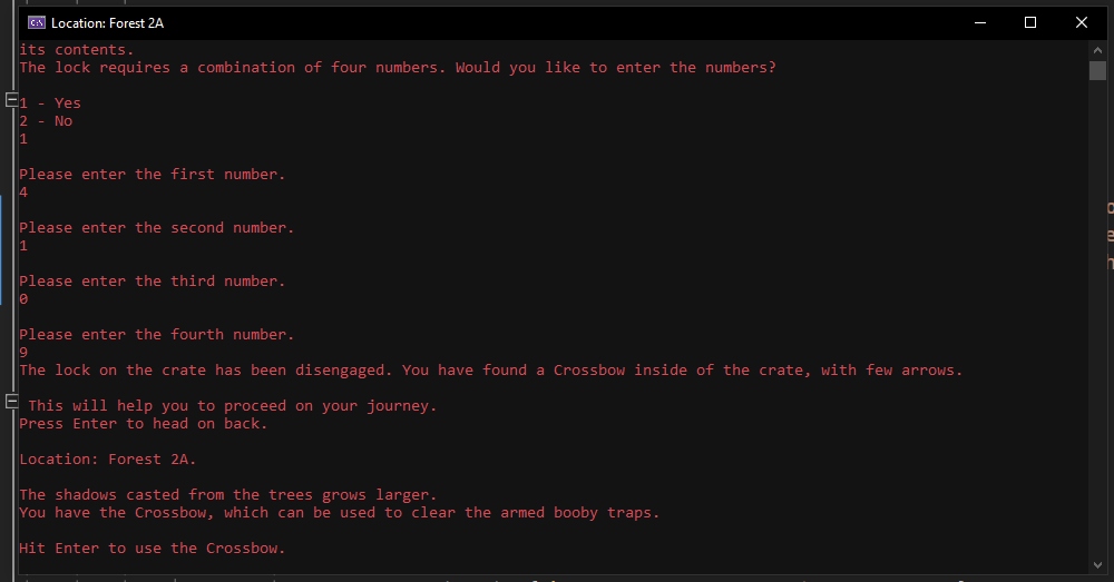 Forest 2A: 4-number combination lock puzzle with crossbow reward