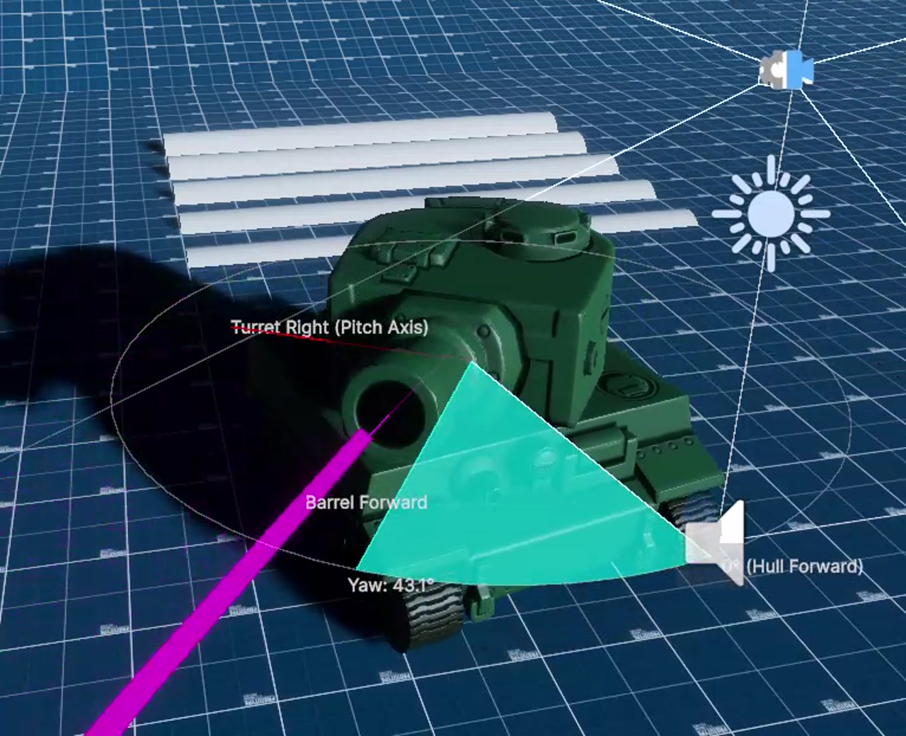 Turret debug gizmos yaw arc barrel forward
