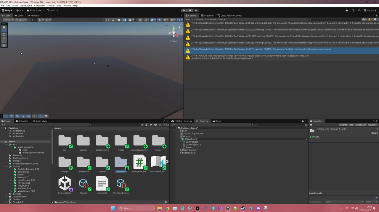 Unity ECS editor OutdoorsScene TomBen folder