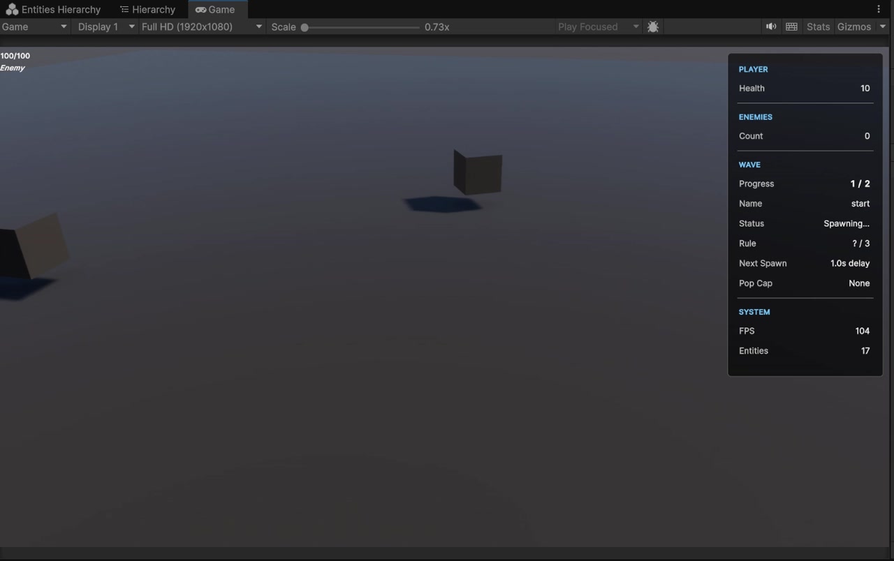 Wave 1/2 start 0 enemies 16 entities 112 FPS